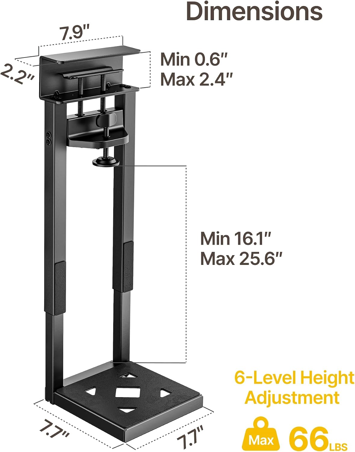 monTEK No Drill Under Desk PC Mount, Clamp-On Heavy Duty CPU Holder with Ventilated Cooling Design for Standing Desk & Home Office, Fits Most PC Cases 16.1"-25.6" (H), 66 lbs, Black