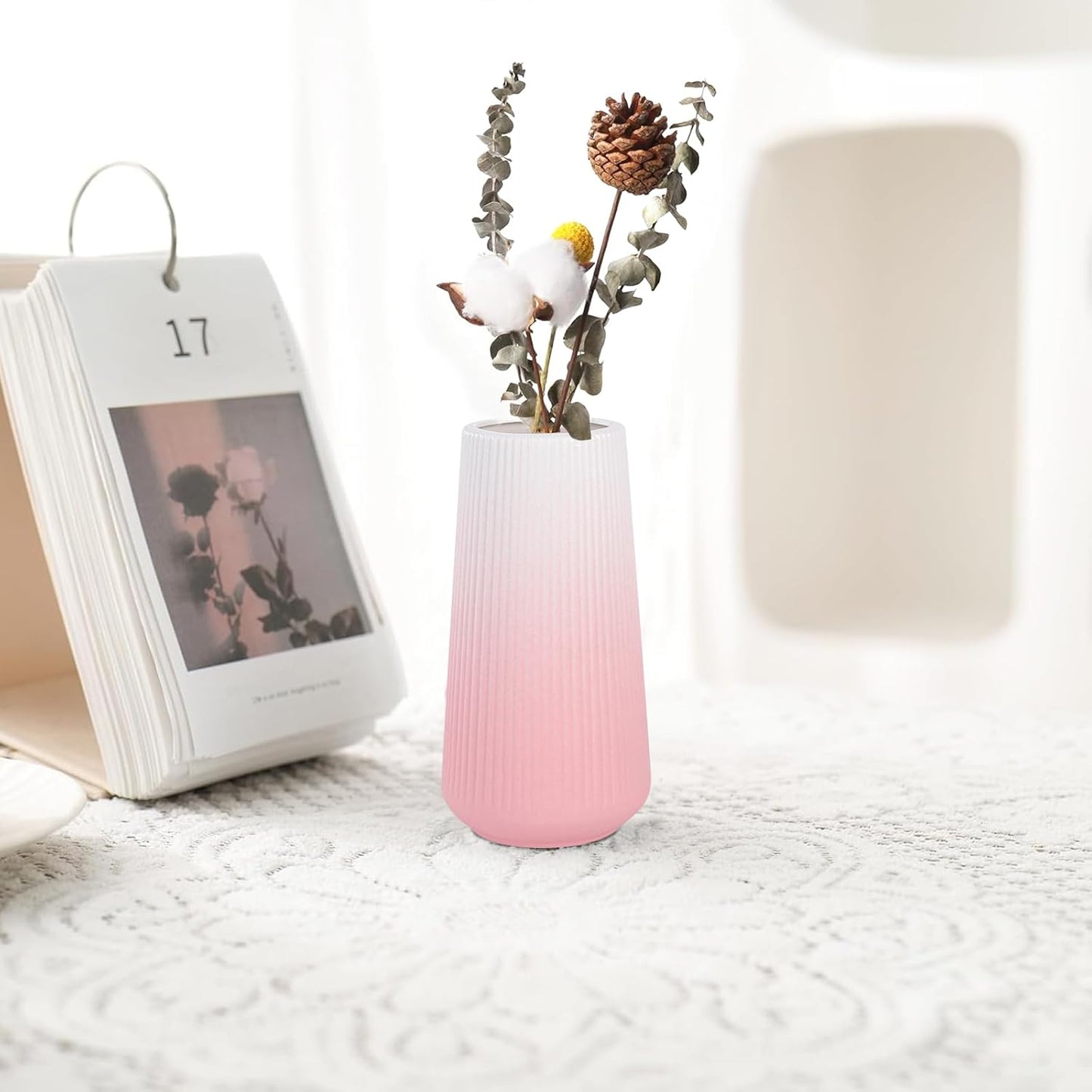 White Ceramic Vase, GUKJOB Small Cute Flower Vase for Pampas Grass, Home, Living Room, Dining Table, Farmhouse, Office Decor, Bedroom, Table, and Kitchen Shelf (White)