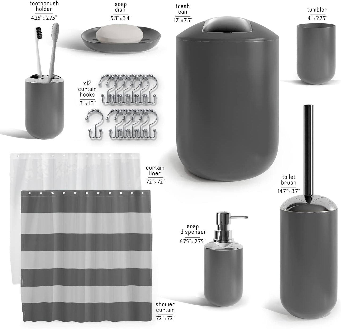 Clara Clark Bathroom Set - Gray Bathroom Accessories Set, Bathroom Sets with Shower Curtain and Rugs, 23PC Shower Curtain Set with Liner, Soap Dispenser, Soap Dish, Toilet Brush Holder, and Trash Can