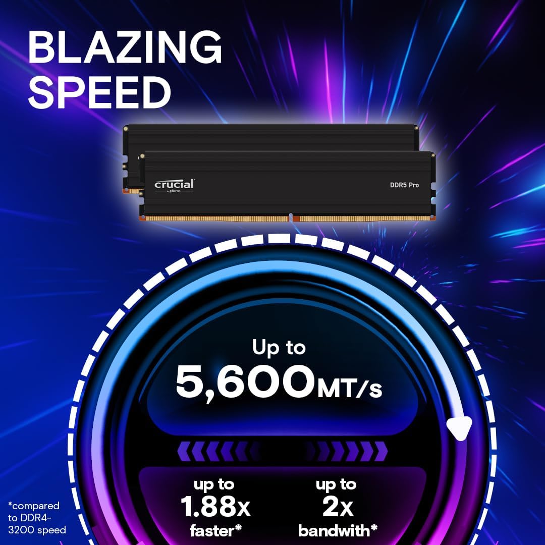 Crucial Pro 128GB Kit (2x64GB) DDR5 RAM, 5600MHz (or 5200MHz or 4800MHz) Desktop Gaming Memory UDIMM, Compatible with Latest Intel & AMD CPU CP2K64G56C46U5