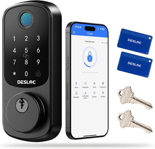 DESLOC B200 Fingerprint Smart Door Lock, Keyless Entry Door Lock, App Control, Easy Installation, Front Door Smart Deadbolt Lock, Touchscreen Keypad, Emergency Power Port, 12 Months Battery, IP54