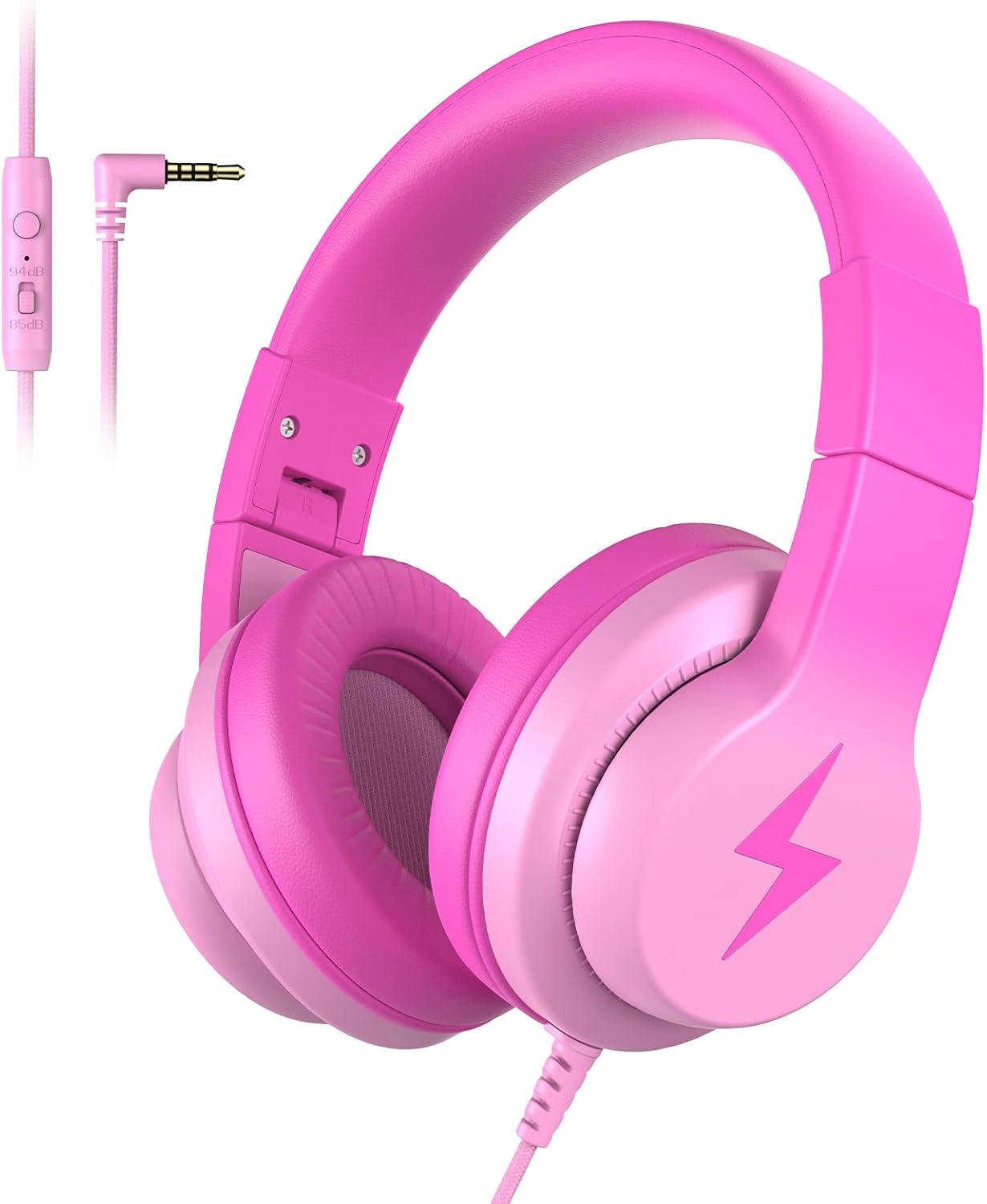 Kids Headphones, Wired Headphones for Kids Over Ear with Microphone, 85/94dB Volume Limiter Headphones for Girls Boys with Sharing Jack, Foldable Headphones for Online Study, Gradient Deep Pink
