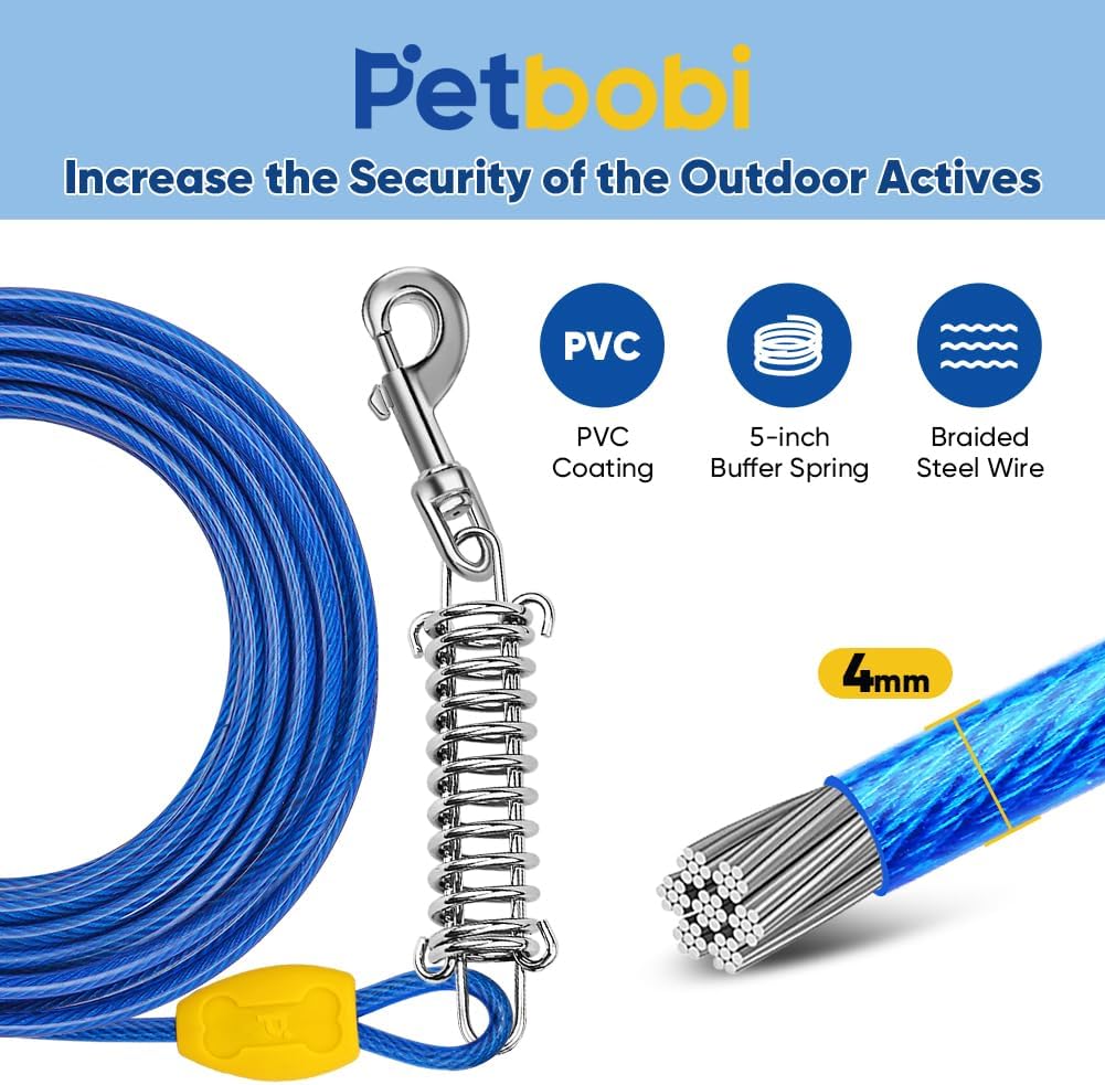 Petbobi Dog Tie-Out Cable and Stake - 30ft Heavy Duty Cable with Spring, No Tangle, 16in Ground Stake, Ideal for Yard, Camping and Beach, Suitable for Small Medium Large Dogs Up to 120 lbs, Blue
