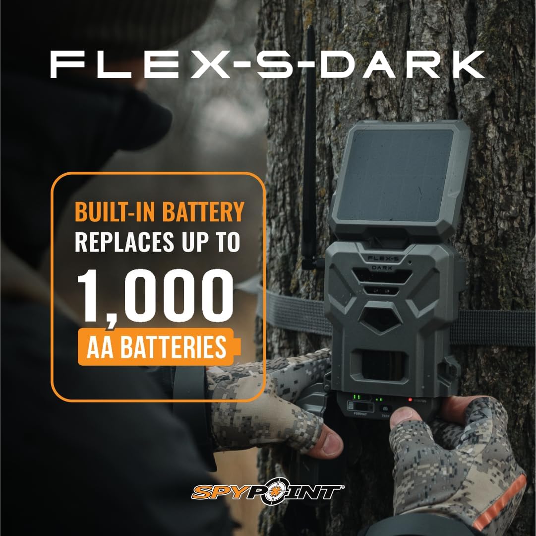 SPYPOINT Flex-S Dark Ultimate Pack Solar Outdoor Cellular Trail Camera - Integrated Solar Panel, No WiFi Needed, Night Vision Motion Activated, Dual-Sim LTE, 40MP Photos and 1080p w/Sound