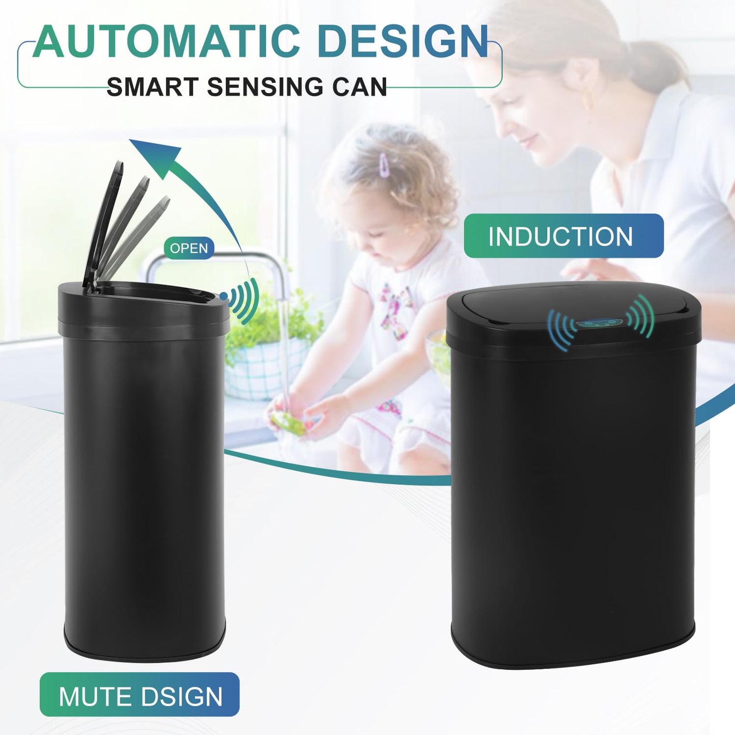 13 Gallon Sensor Garbage Can Stainless Steel Kitchen Garbage Can with Lid Antomatic Garbage can for Kitchen Office Bedroom Bathroom Living Room,Black