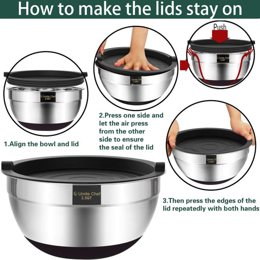 Mixing Bowls with Airtight Lids,6 Piece Stainless Steel Metal Nesting Storage Bowls by Umite Chef, Non-Slip Bottoms Size 7, 3.5, 2.5, 2.0,1.5, 1QT, Great for Mixing & Serving(Black) - PuriLite