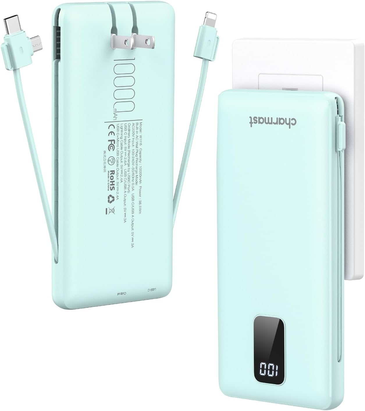 Charmast 10000mAh Portable Charger with Built-in Cables and AC Wall Plug,USB C Battery Pack Power Bank,5 Output 2 Input Battery Pack Compatible with iPhone 16/15/14/13/12,Andriod Series