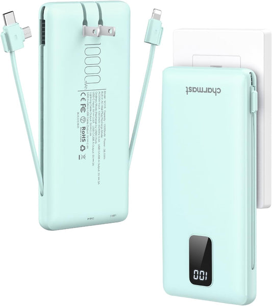 Charmast Portable Charger with Built-in Cables and Wall Plug, 10000mAh USB C Power Bank Fast Charging 15W, External Battery Pack Slim, Travel Essentials Compatible with 15 14 13, Samsung Galaxy, iPad