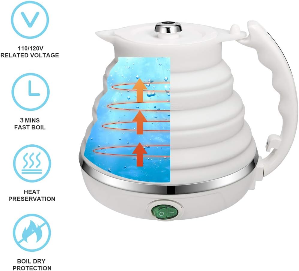 120V 555ML Ultrathin Travel Foldable Electric Kettle with Separable Power Cord and Handle, Boil Dry Protection, Food Grade Silicone