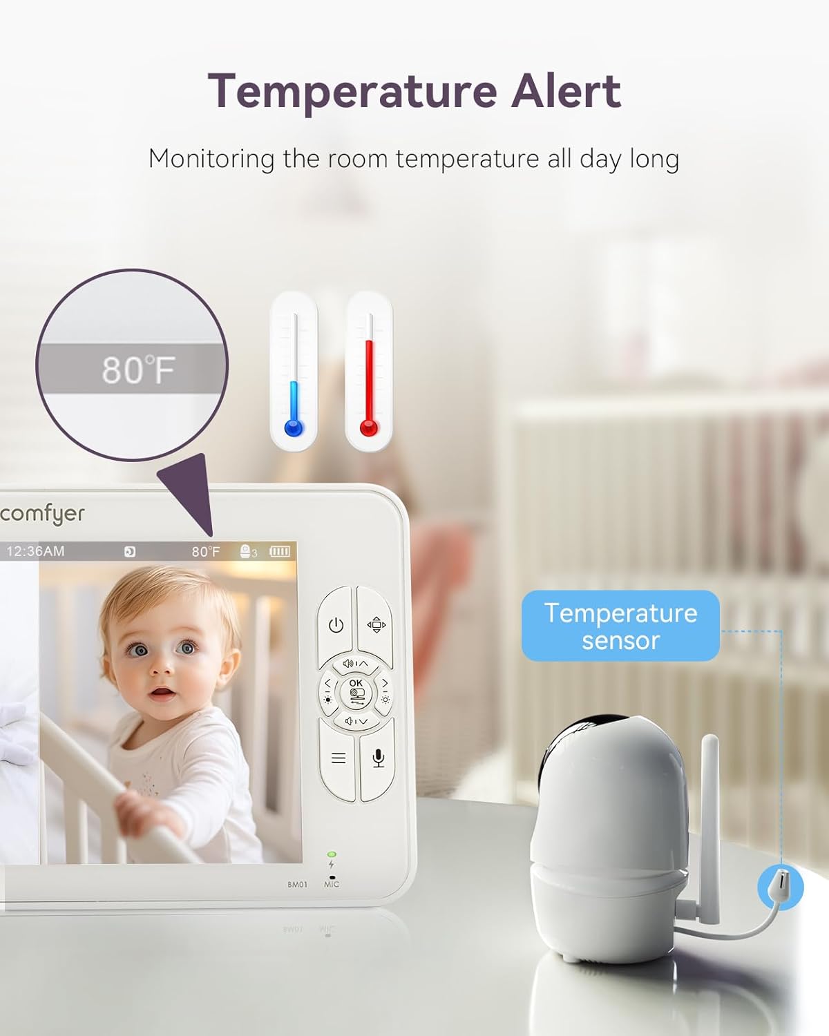 Comfyer 7" HD Split-Screen Baby Monitor with 2 Cameras, Video Baby Monitor with Camera and Audio, Flexible Bracket, Non-WiFi, VOX Mode, 2 Way Audio, Remote PTZ, Auto Night Vision