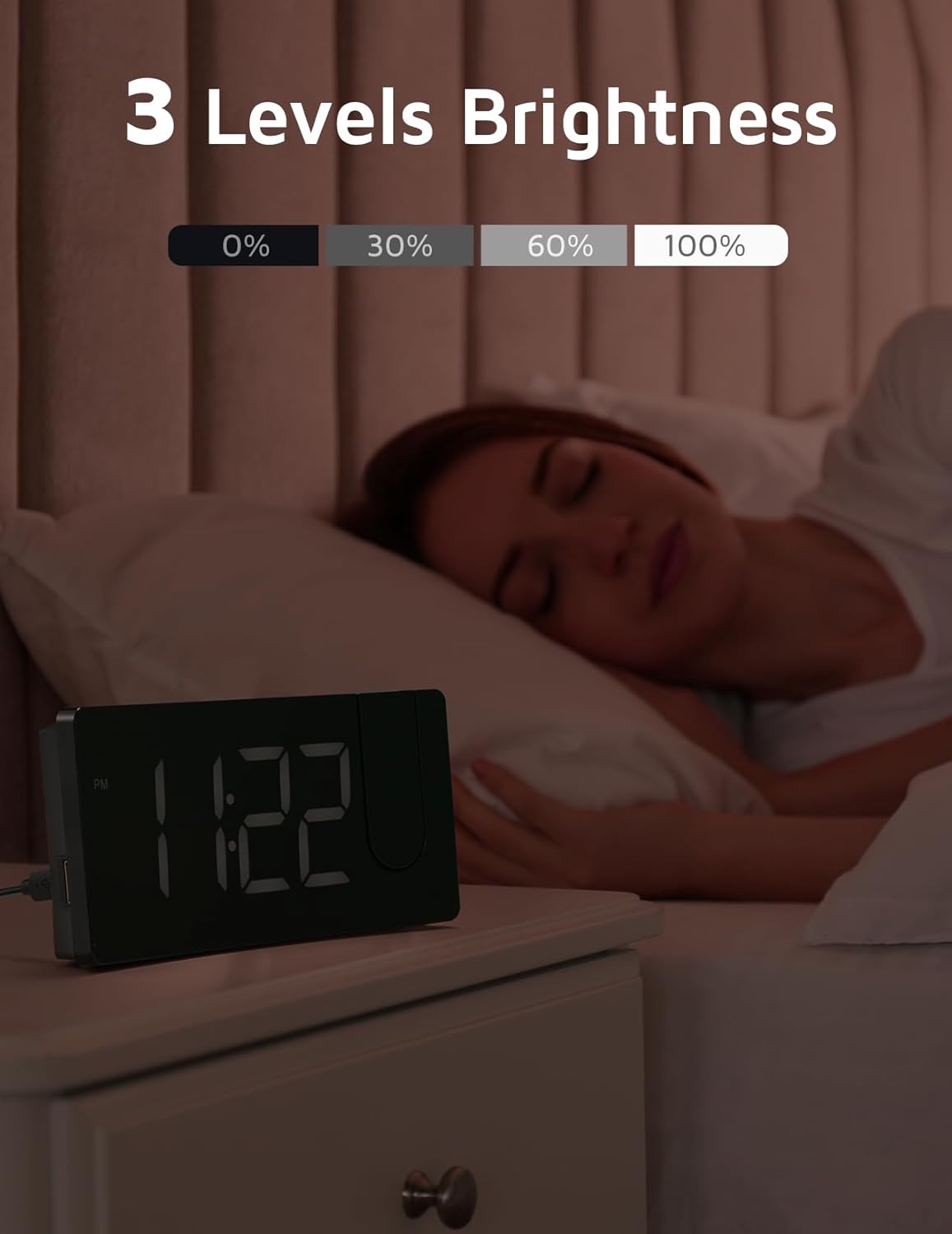 GOLOZA Projection Alarm Clock, Digital Clock with Modern Curved Design 180° Rotatable Projector, 3-Level Brightness Dimmer, Clear Blue LED Display, Progressive Volume, 9mins Snooze,12/24H, for Bedroom