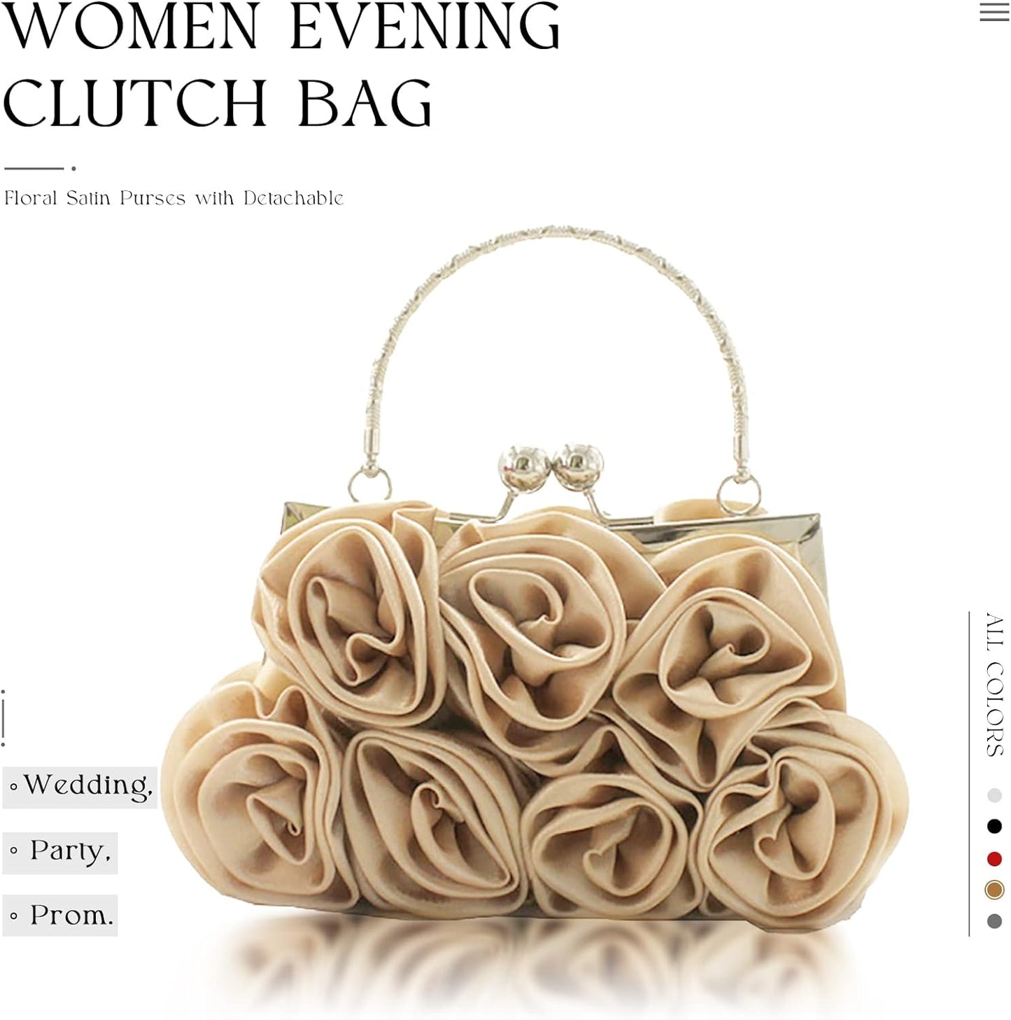 JAMBHALA Women Evening Clutch Bag Floral Satin Purses with Detachable Strap for Wedding, Party, Prom