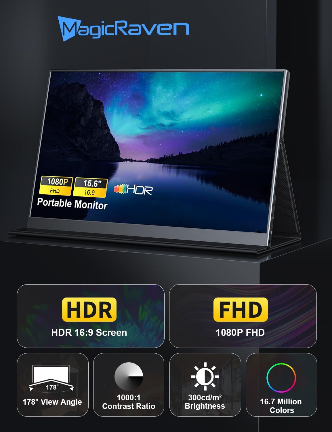 MagicRaven Portable Monitor, 15.6" 1080P Laptop Screen, Lightweight Dual USB C HDMI Second Computer Gaming Display with Speakers, Travel Monitor for MacBook PS4/5 Xbox Switch PC Phone