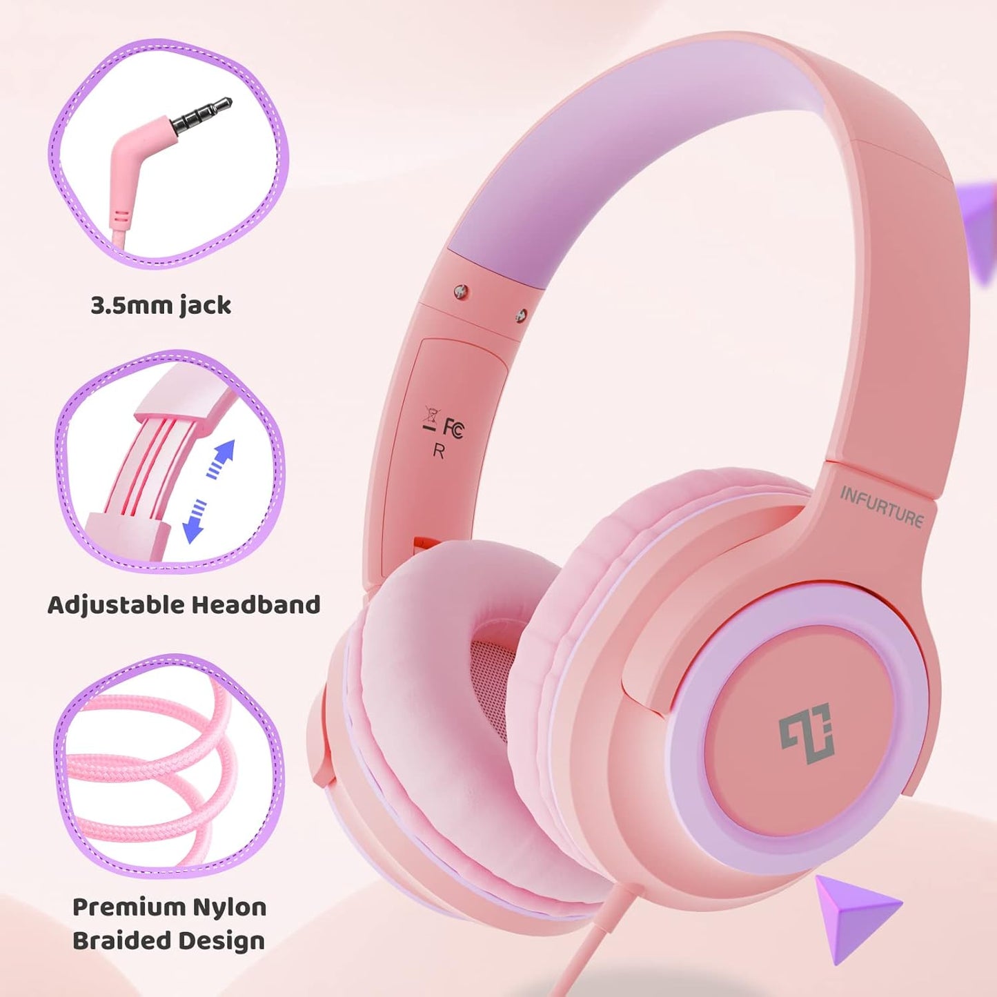 INFURTURE Kids Headphones for School Travel, 94dB Safe Volume Limited, HD Mic Stereo Sound Over-Ear Girls Boys Headphones for Kid, Foldable 3.5mm and USB-C Wired Headphones for iPad Computer