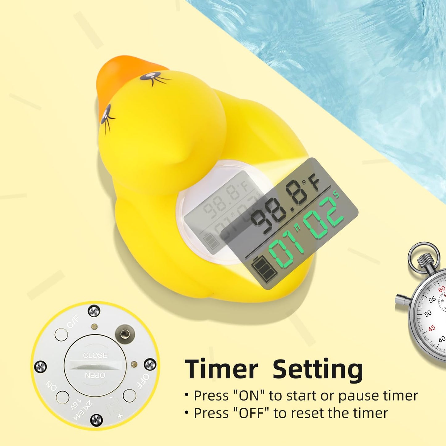 BabyElf Baby Water Thermometer- Bathtub Thermometer Baby Bath and Room Thermometer, Floating Alarm for Infant Bathtub and Swimming Pool, Yellow Duck Bathtub for Shower