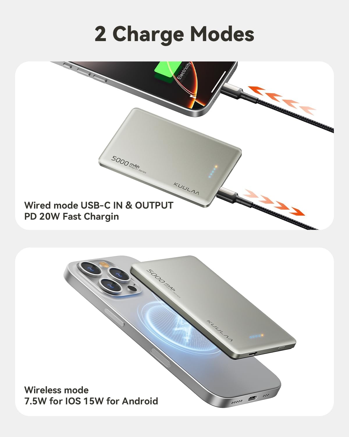 Kuulaa Power Bank 5000mAh 20W, Magnetic Wireless Power Bank 0.3in Ultra Slim Portable Magsafe Charger Compatible with iPhone 15/14 /13/12 Serie - Titanium