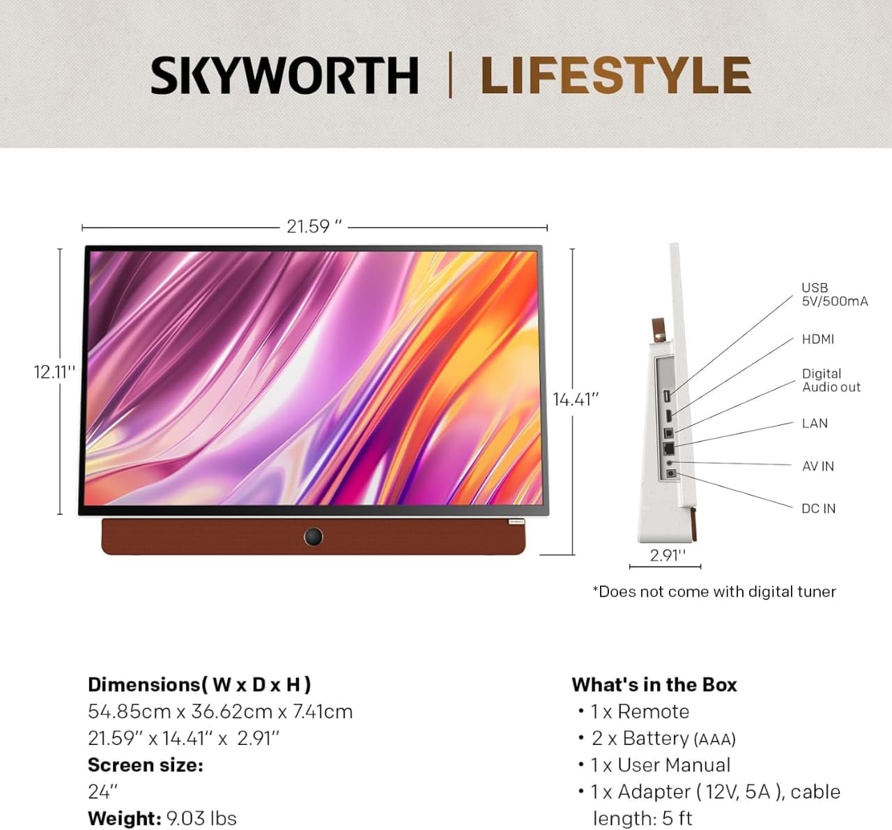Skyworth 24-Inch Portable Smart Display with Google TV, 3-Hour Battery Life 24P100 Companion Series 1080P FHD, HDR10, Dolby Audio, LED, Bluetooth Remote, Built-in Chromecast and Google Assistant