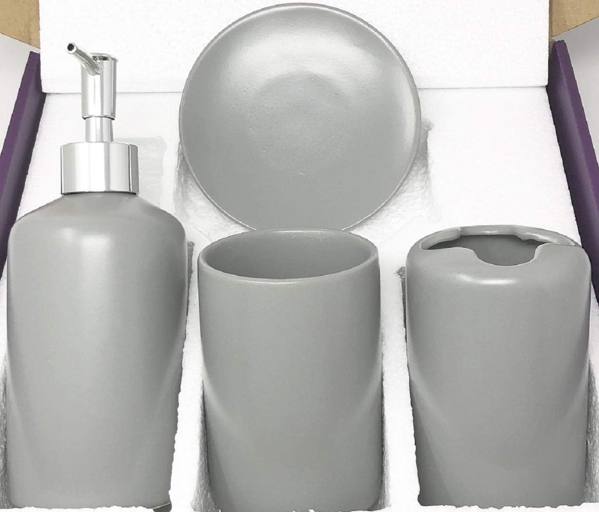 WPM 4 Piece Ceramic Bath Accessory Set | Includes Bathroom Designer Soap or Lotion Dispenser w/Toothbrush Holder, Tumbler, Soap Dish Choose from Purple, Black, Brown, Navy or Burgundy (Brown)