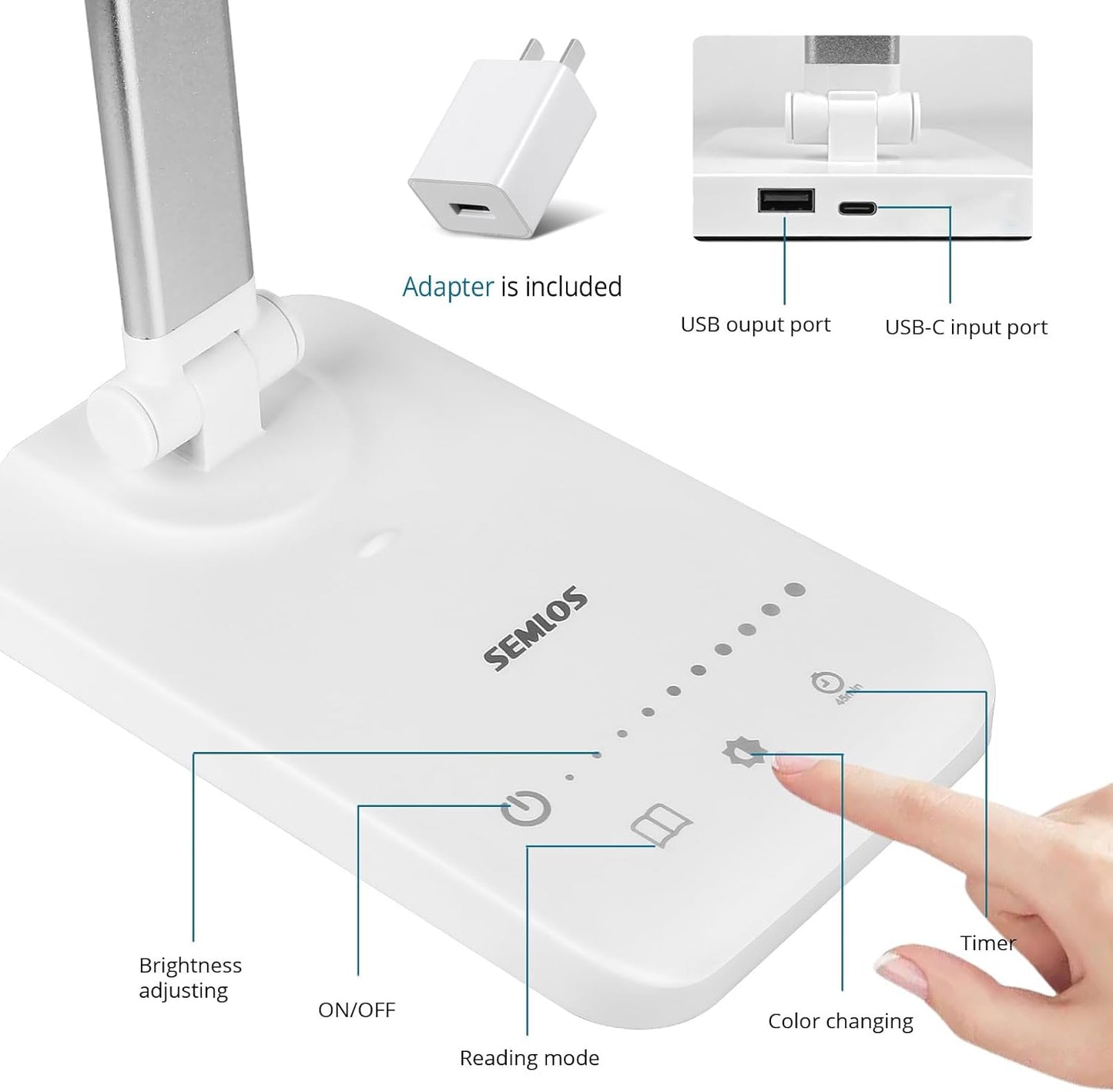 Semlos LED Desk Lamp for Home Office, Eye-Caring Table Light, 25 Lighting Modes, 45 Min Auto Timer, Touch Control, Dimmable, White
