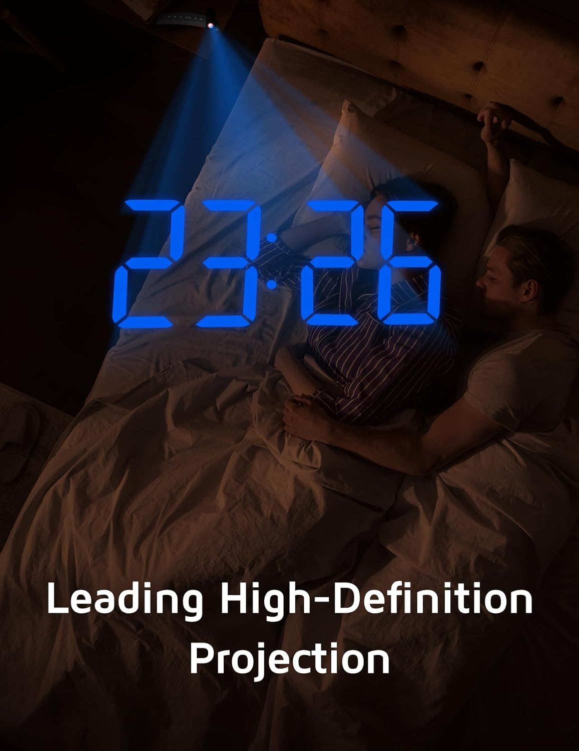 GOLOZA Projection Alarm Clock, Digital Clock with Modern Curved Design 180° Rotatable Projector, 3-Level Brightness Dimmer, Clear Blue LED Display, Progressive Volume, 9mins Snooze,12/24H, for Bedroom