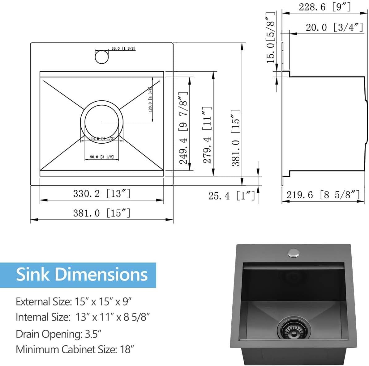 15 Black Stainless Steel Drop in Kitchen Bar Sink, Scamall 15X15X9 Inches Topmount Small Bar Sinks - 16 Gauge Matte Black Stainless Steel Workstation Kitchen Bar Sink SM021-1SBG