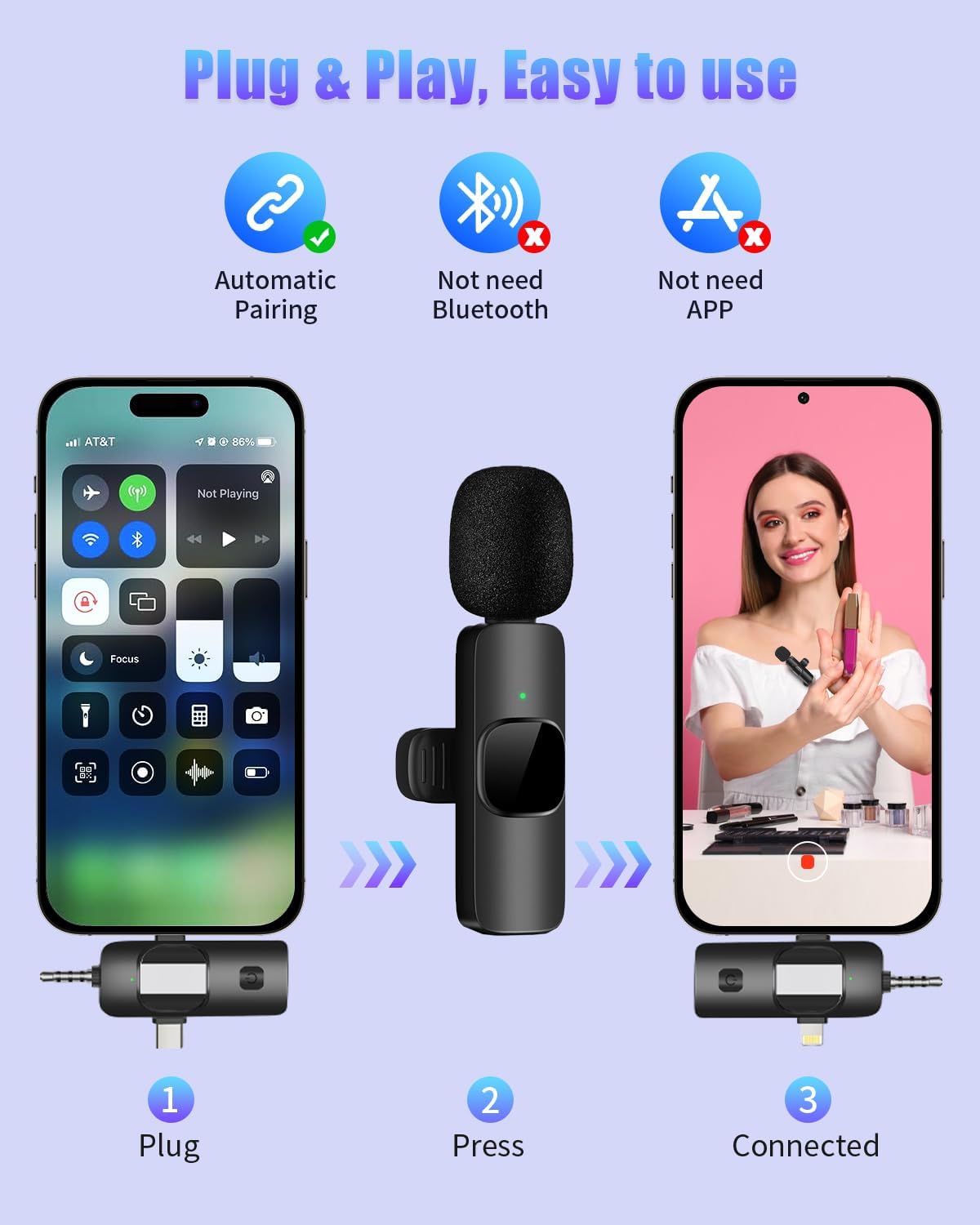 Wireless Lavailer Microphone for iPhone, Android, Camera, iPad, USB C, 4 in 1 Professional Mini Microphone with Noise Reduction, Wireless Mic for Video Recording, Vlog, YouTube, TikTok