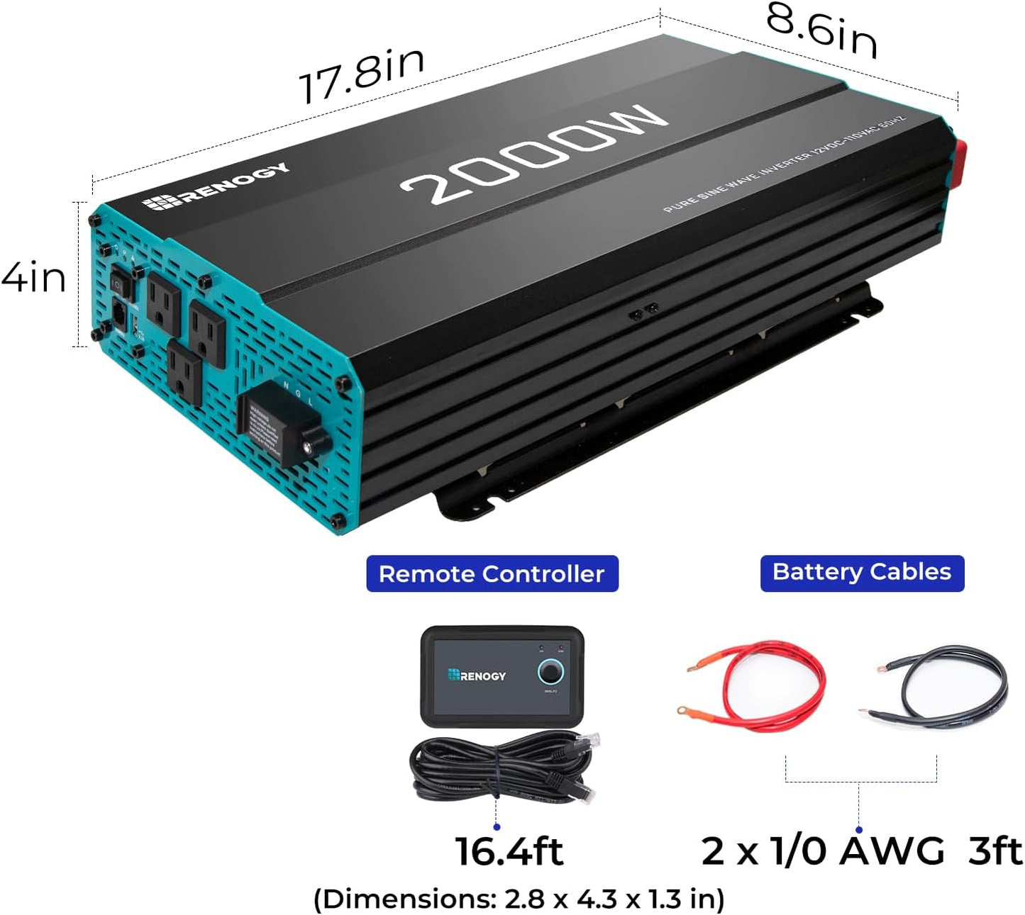 Renogy Pure Sine Wave Inverter 1000w Power Inverter DC 12v to AC 110v, Solar Inverter 12v to 110v Converter with 5V/2.1A USB Port, 2 AC Ports, Remote Controller