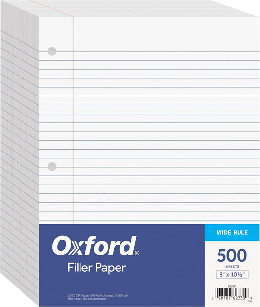 Oxford Filler Paper, 8" x 10-1/2" Wide Ruled Paper, 3 Hole Punch, Loose Leaf Notebook Paper for 3 Ring Binders, 500 Sheets, White, for School, Office