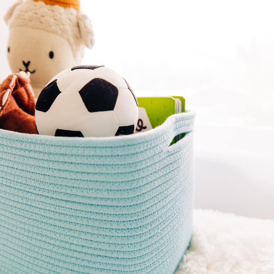 OrganiHaus Soft Woven Baskets for Storage Organization Set of 3, Cotton Rope Nursery Storage Baskets for Shelves, Square Book Bins, Bathroom Towel Hamper, Dog Toy Bins, Panier Rangement - Light Honey
