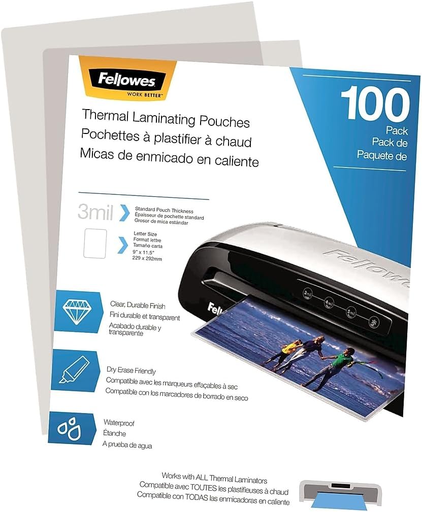 Fellowes Thermal Laminating Pouches, Letter Size Sheets 9 x 11.5-Inches, 3 mil, 200 Pack (5743401), Clear