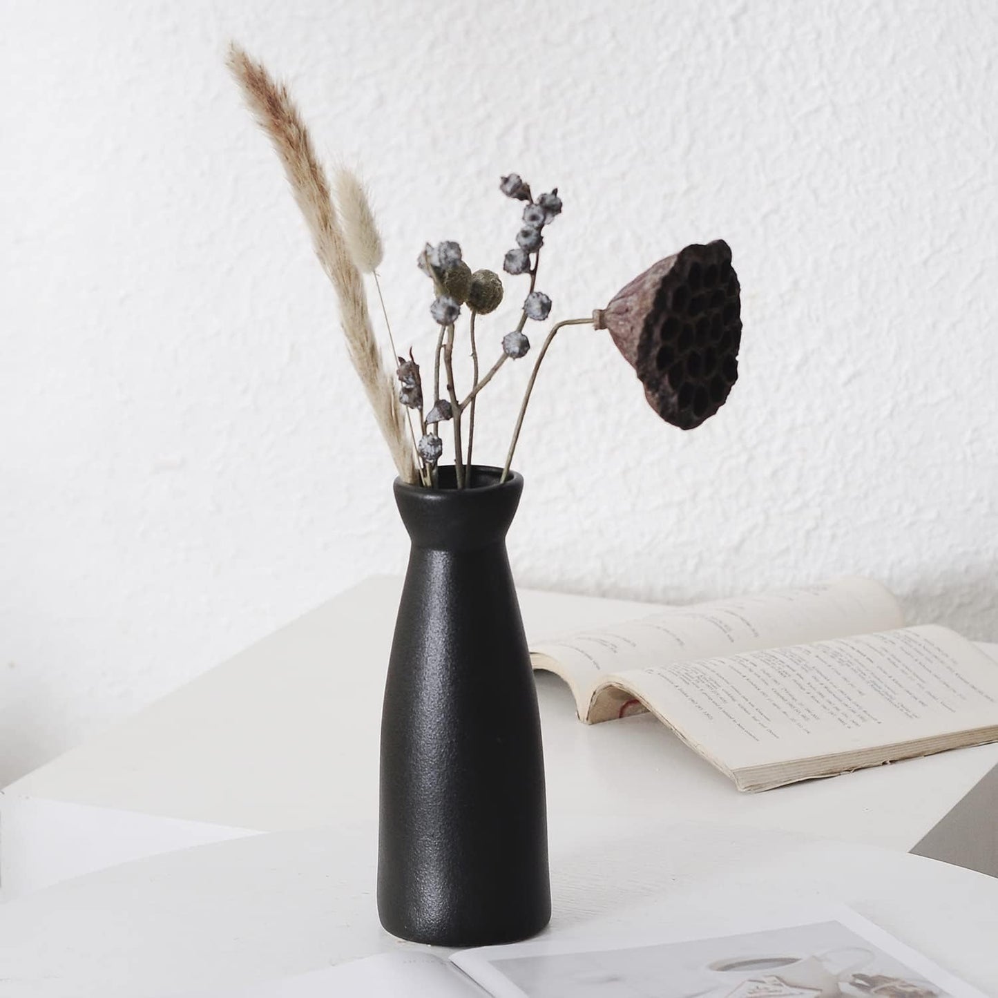 CEMABT White Ceramic vase Set-3 Small Flower vases for Decor,Modern Boho Farmhouse Home Decor,Decorative vase for Pampas Grass&Dried Flowers,idea Shelf,Table,Bookshelf ,Entryway- Distresse