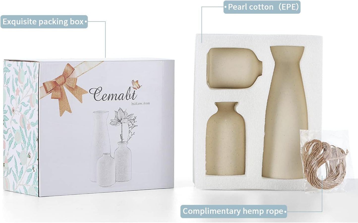 CEMABT White Ceramic vase Set-3 Small Flower vases for Decor,Modern Boho Farmhouse Home Decor,Decorative vase for Pampas Grass&Dried Flowers,idea Shelf,Table,Bookshelf ,Entryway- Distresse