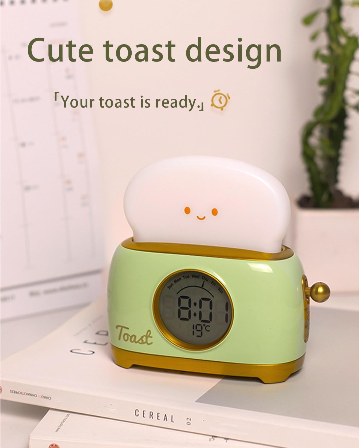 Alarm Clock for Kids, Cute Toast Night Light Alarm Clocks for Bedrooms, Dimming Rechargeable Small Led Desk Clock with Snooze & Countdown for Room Decor, Bedside Clock for Teen Girls Boys,Green