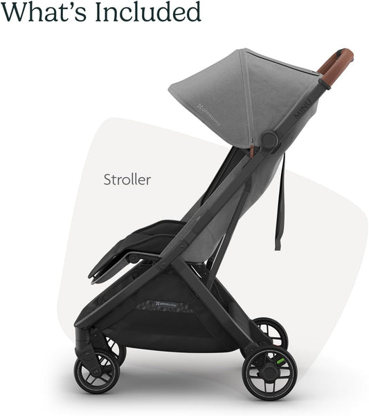 UPPAbaby Minu V3 Travel Stroller | Lightweight + Compact Design | One-Hand Fold + Unfold | From Birth + Overhead Compatible | Greyson (Charcoal Mélange/Carbon Frame/Saddle Leather)