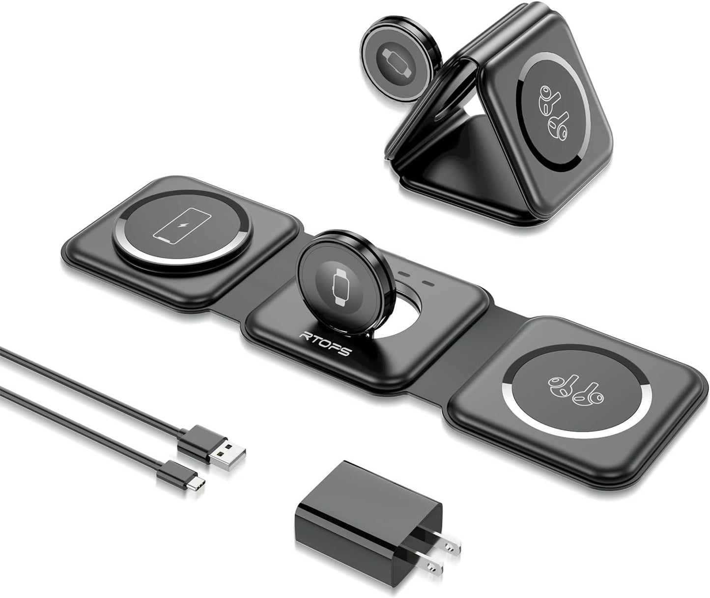 RTOPS 3 in 1 Wireless Charger for iPhone,W312 Fodable Charging Stations for Multiple Apple Devices, Fast Travel Charging Stand for iWatch, Airpod and iPhone 15 14 13 12 (Adapter Included)