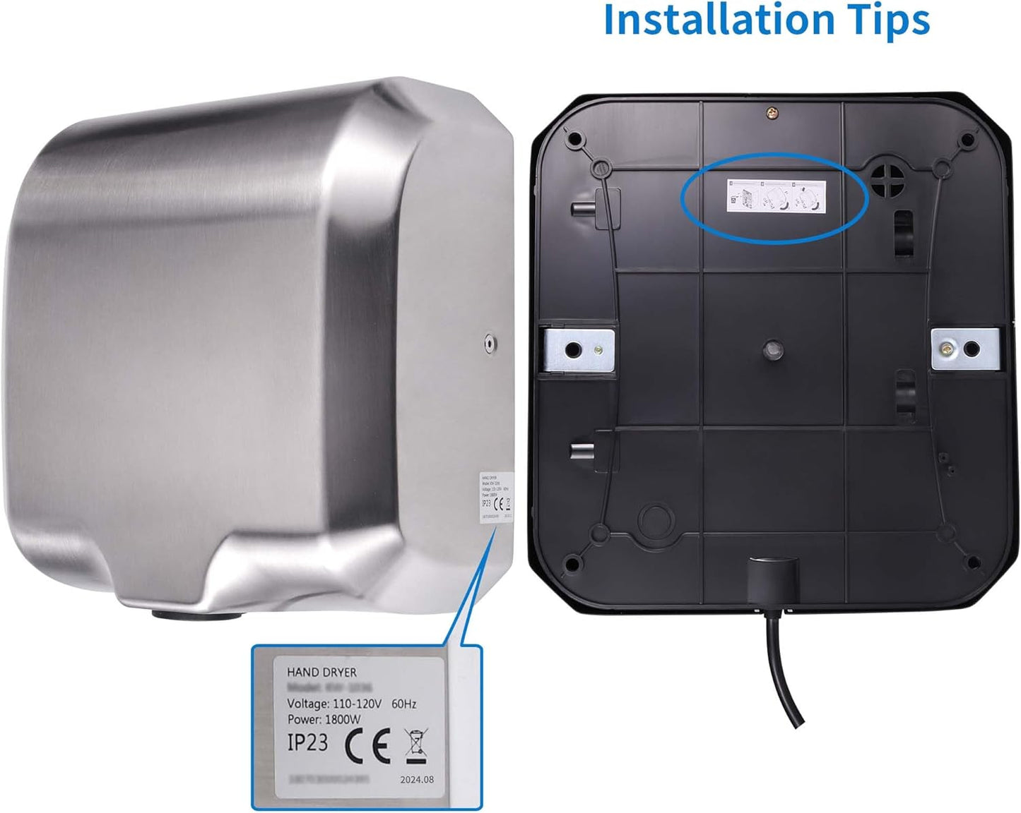 Goetland Stainless Steel Commercial Hand Dryer 1800w Automatic High Speed Heavy Duty Dull Polished