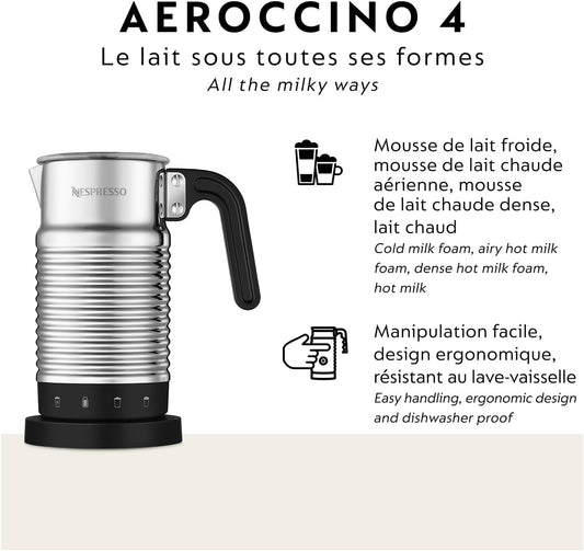 Nespresso Aeroccino 4 Milk Frother - Automatic Hot & Cold Foam Maker for Coffee, Latte, Cappuccino, and Macchiato - Silver - PuriLite