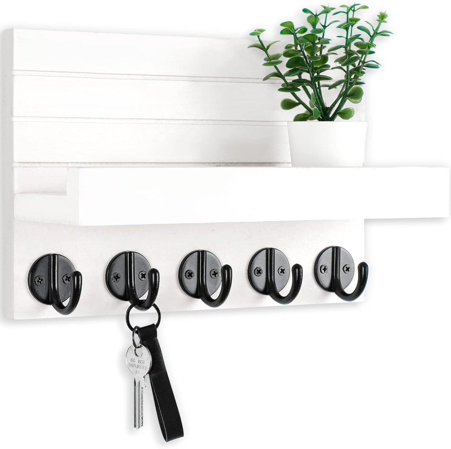 Lwenki Key Holder for Wall, Decorative Key and Mail Holder with Shelf Has Large Key Hooks for Bags, Coats, Umbrella – Paulownia Wood Key Hanger with Mounting Hardware (Black)