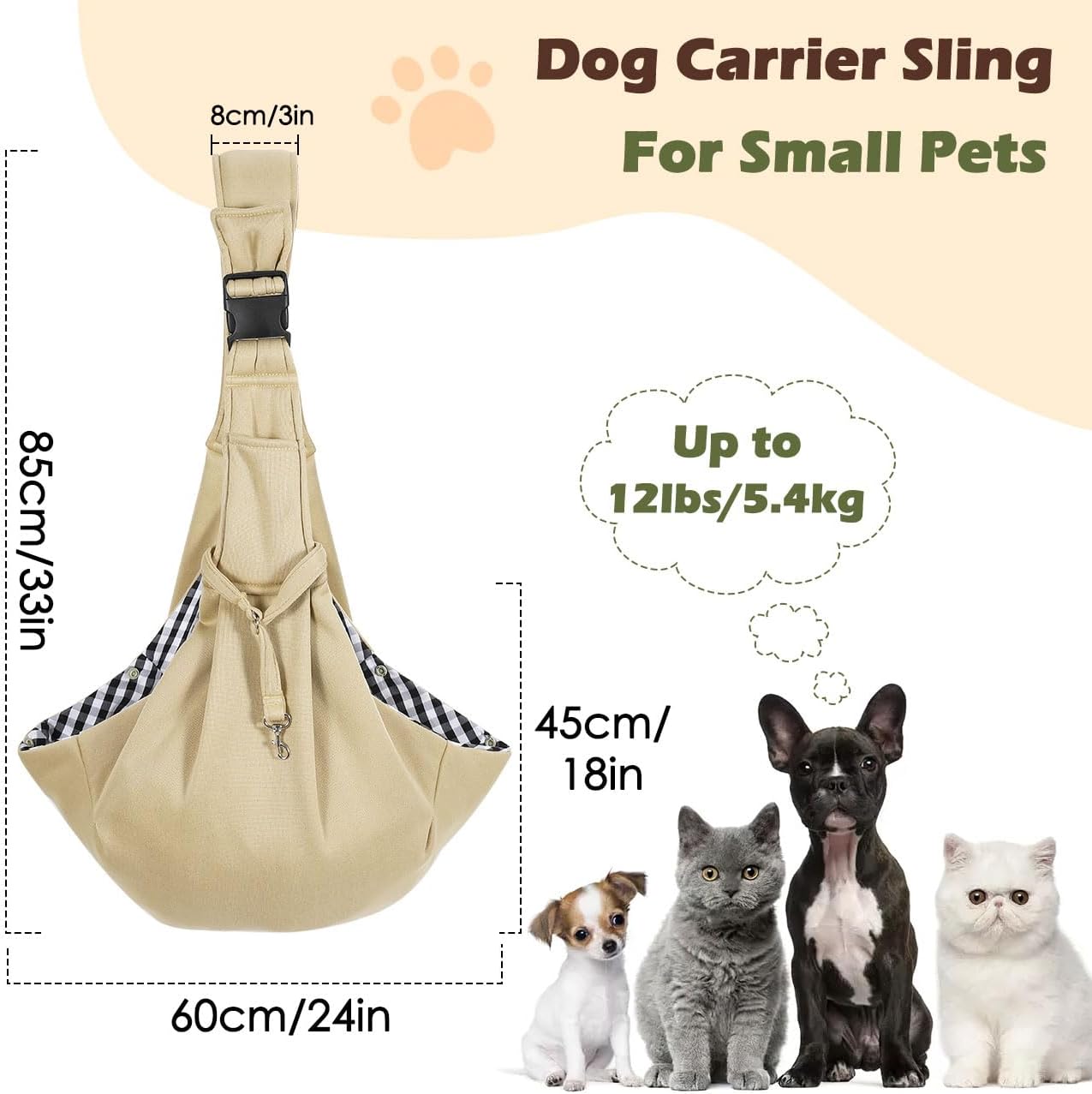 Pawaboo Small Dog Sling Carrier, Reversible Hands Free Dog Sling Carrier for Small Dogs and Cats, Puppy Sling Carrier with Adjustable Strap Buckle & Safety Harness, Puppy Essentials, Grey