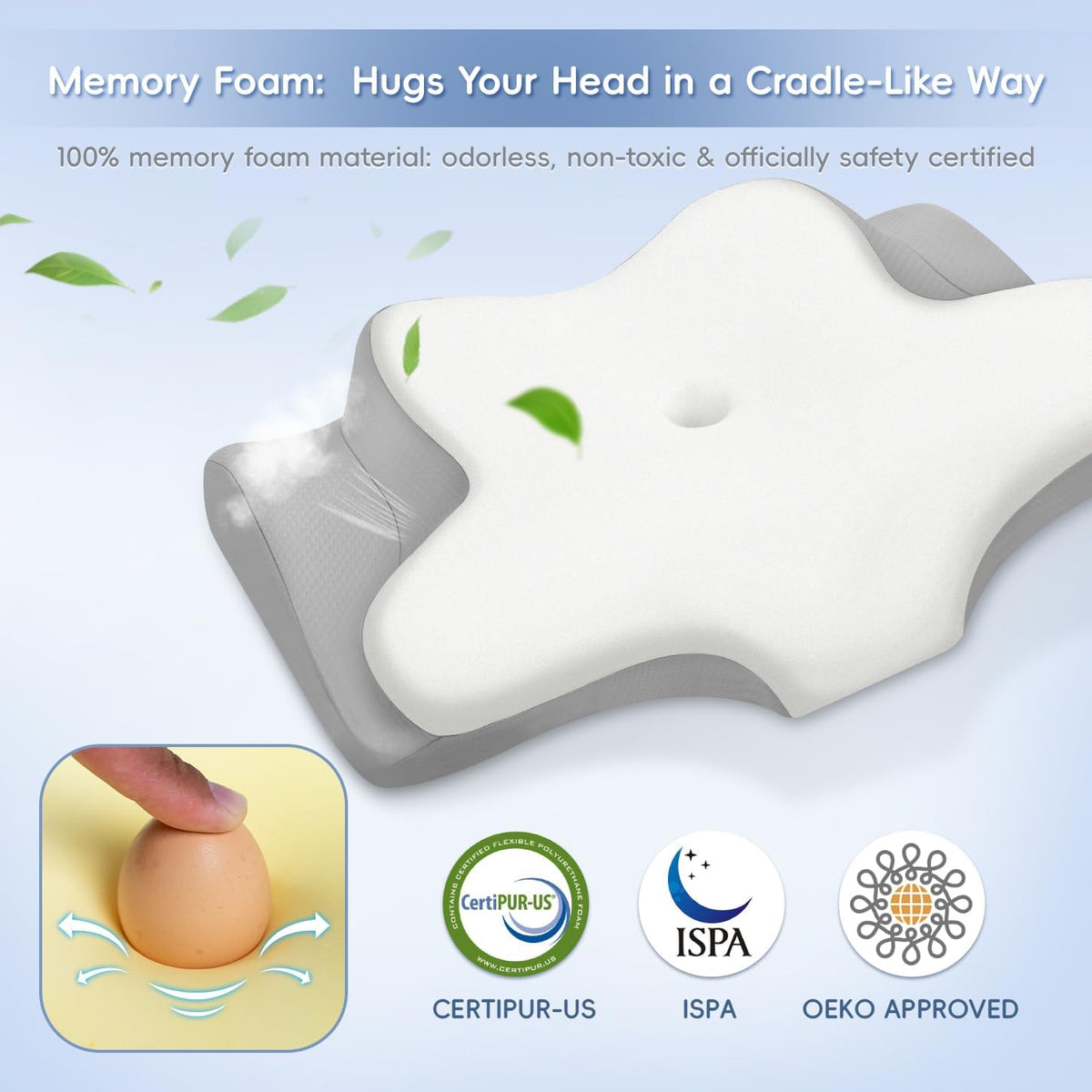 Cervical Neck Pillow,Memory Foam Pillows for Relieving Neck and Shoulder Pain, Neck Support Pillow for Side Sleepers, 2 Heights Ergonomic Pillow with Breathable Ice Silk Cover White