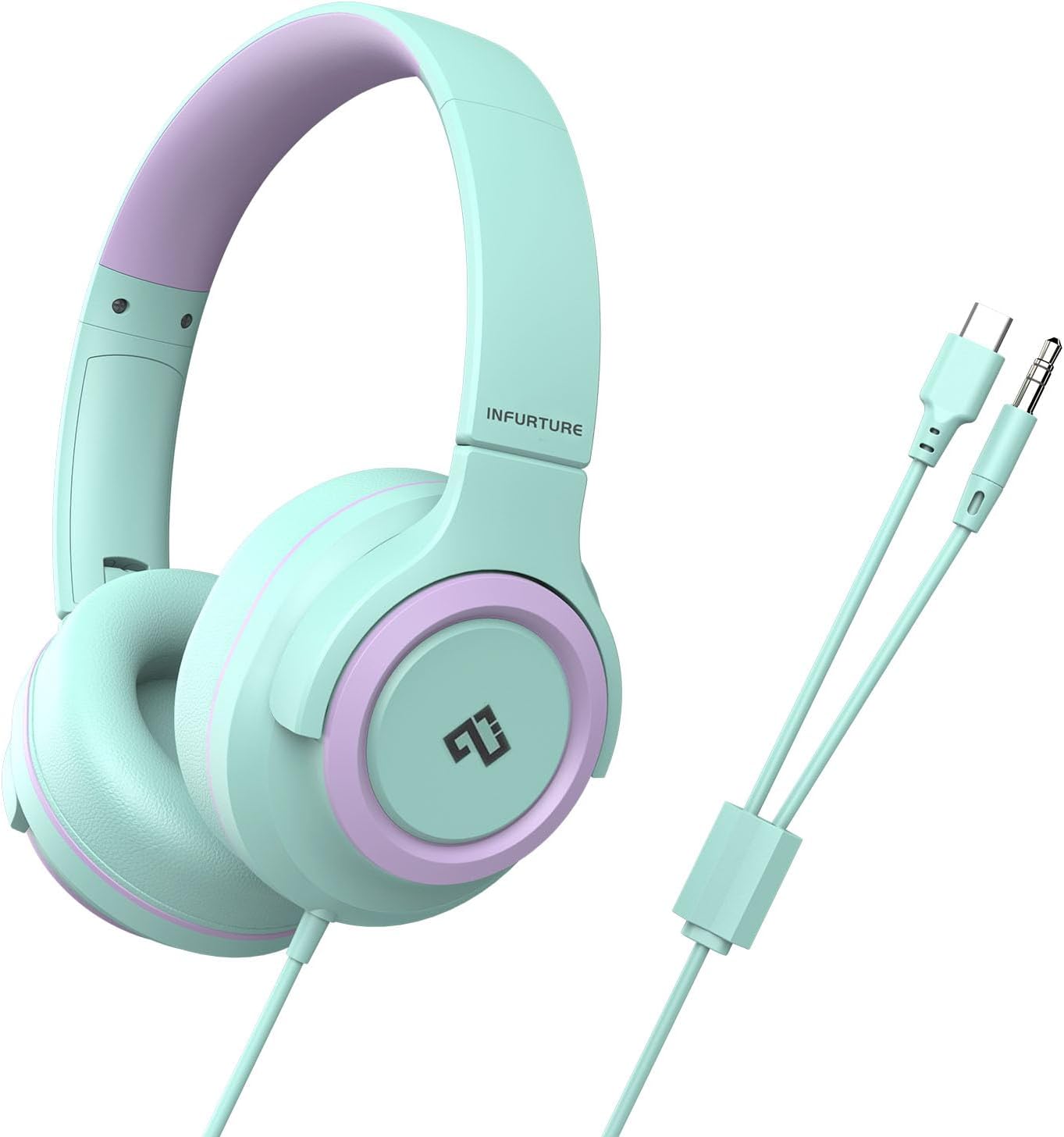 INFURTURE Kids Headphones for School Travel, 94dB Safe Volume Limited, HD Mic Stereo Sound Over-Ear Girls Boys Headphones for Kid, Foldable 3.5mm and USB-C Wired Headphones for iPad Computer