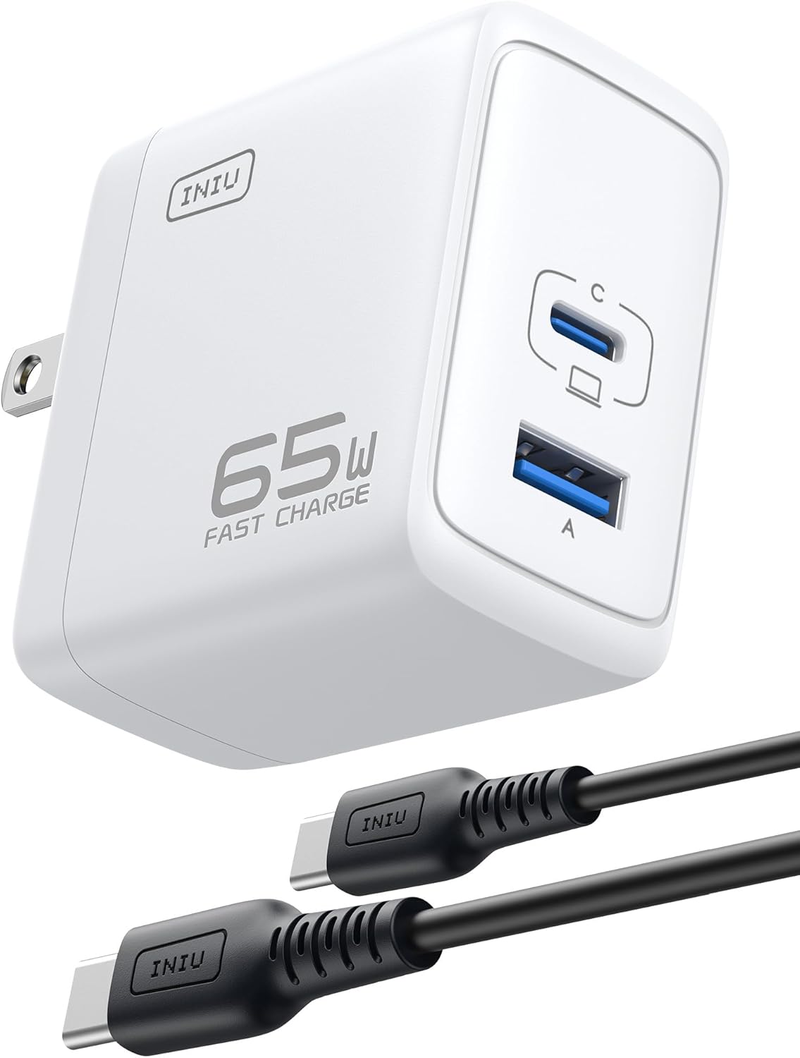 INIU USB C Charger, 65W Fast Charging GaN Wall Charger, 2-Port Compact Foldable PD PPS Charger Block for MacBook Pro/Air, iPad Pro, iPhone 16/15, Galaxy S23, Dell XPS 13, Note 20/10+, Steam Deck