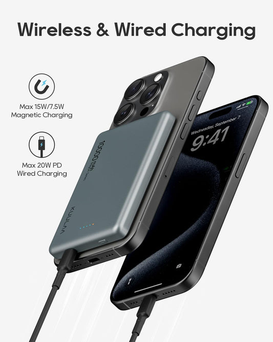 Kuulaa Magnetic Power Bank 10,000 mAh, 10,000mAh Wireless Portable Charger, 20W USB C Fast Charging Battery Pack Compatible with iPhone 15 Pro Max, 15,14 Plus, 13, 12 Series (Space Gray)
