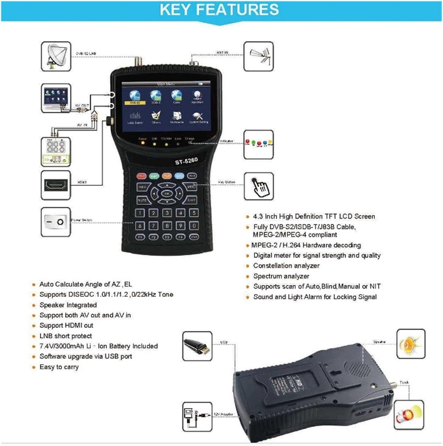 ST5260 Satellite Finder DVB-S2/ISDB-T/Cable Combo Signal Meter H.265 1080p 4.3inch for Dish Network Directv