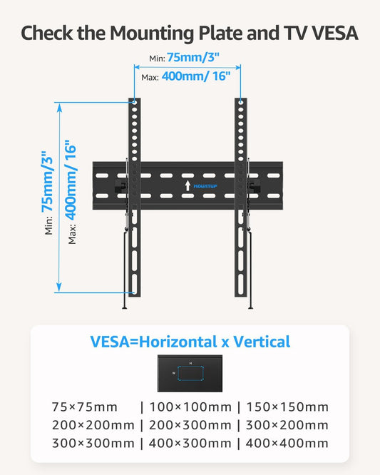 MOUNTUP UL Listed TV Wall Mount, Tilting TV Bracket for Most 26-60 Inch LED LCD OLED Flat/Curved TVs, Low Profile TV Mount Save Spacing - Fits 12" to 16" Stud, Max VESA 400x400mm up to 99 LBS, MU0007 - PuriLite