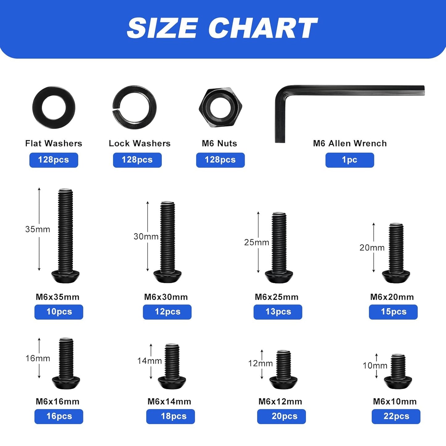 Besitu 280Pcs Metric Flange Bolt Assortment, M6x1.0, M8x1.25, M10x1.5 (12mm to 30mm) Assorted Hex Bolts and Nuts Washers Kit for Automotive, 10.9 Black Zinc Galvanized