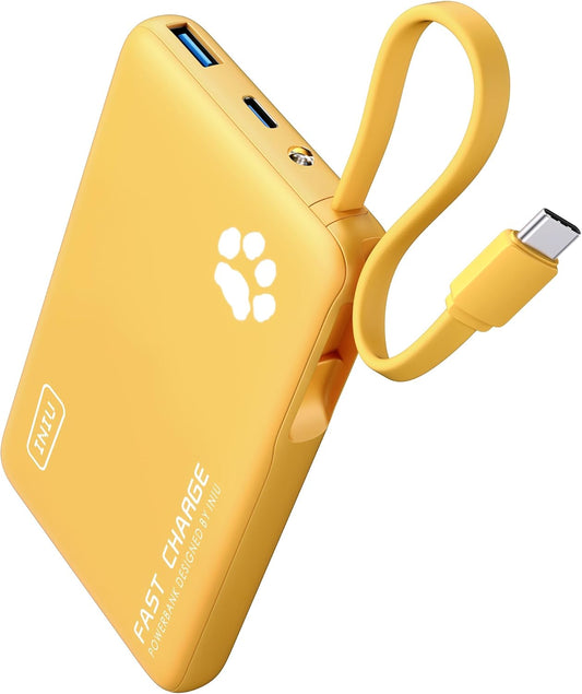 INIU Portable Charger, Slim 10000mAh Power Bank with Build in USB-C Cable, 20W Fast Charging Powerbank with Cords Wires, Travel Essentials Battery Pack for Multi Smartphones Tablets, Yellow