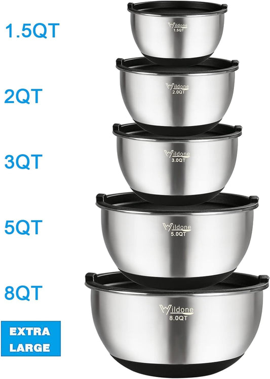 Mixing Bowls Set of 5, Wildone Stainless Steel Nesting Mixing Bowls with Lids, Measurement Lines & Silicone Bottoms, Size 8, 5, 3, 2, 1.5 QT, Non-Slip & Stackable Design, Great for Mixing and Prepping - PuriLite