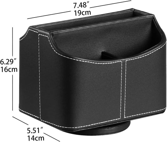 PUSU 360° Rotating Remote Control Holder Desk Organizer – PU Leather Spinning TV Caddy with 5 Compartments for Remotes, Stationery, Phone, iPad & Bedside Storage