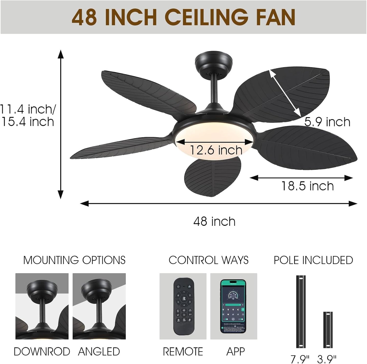 Wiviniya Ceiling Fans with Lights and Remote/APP Control, 44 Inch Tropical Palm Leaf Ceiling Fan with LED Lights, Outdoor Ceiling Fans for Patios Porch, Reversible Quiet Motor, Dimmable, Light Brown
